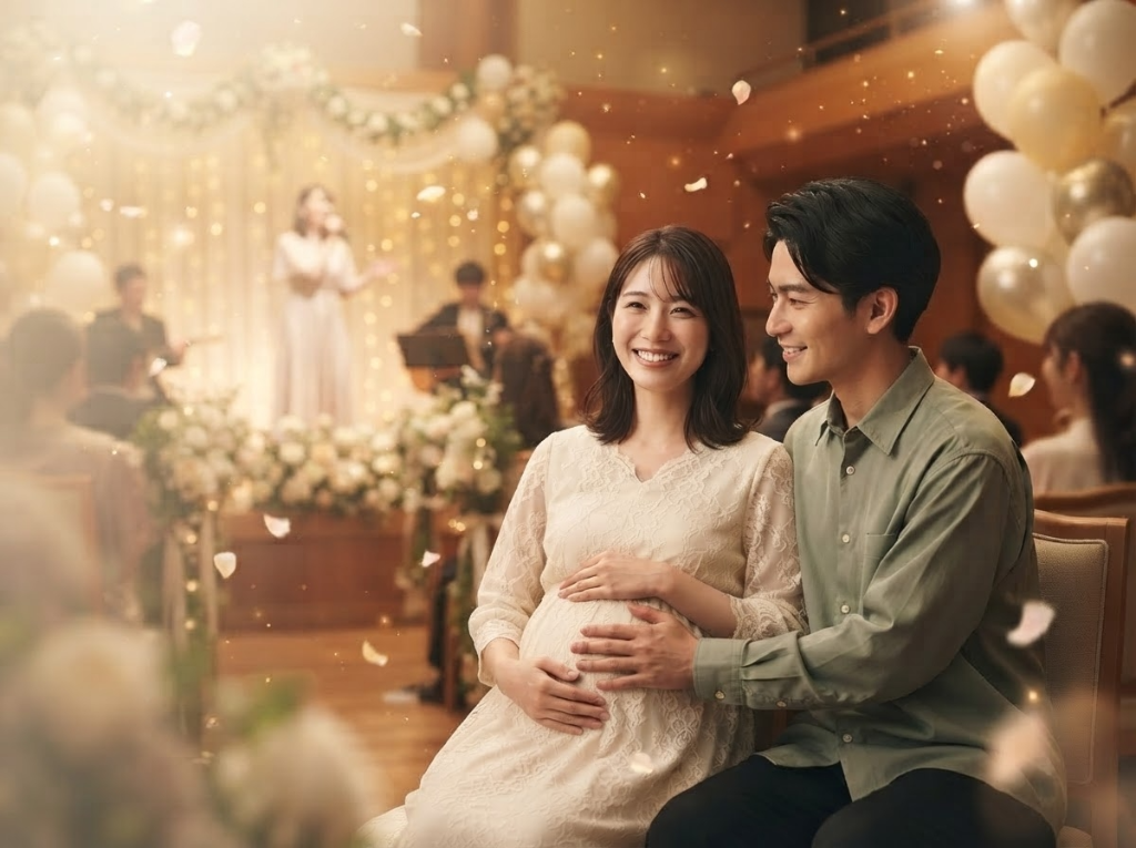 ベビーシャワーコンサートで祝福される妊婦とパートナーの様子